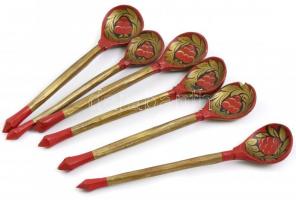 Moszkvai olimpiára készült népművészeti festett fa teás edány, tetővel, m: 18 cm + 6 db edényke, 6 d...