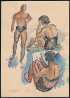 Ujváry Lajos (1925-2006): Napozók. Akvarell, toll, papír, jelzett. 22,5x16 cm
