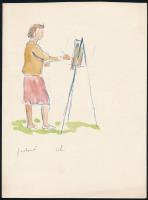 Ujváry Lajos (1925-2006): Festőnő. Akvarell, toll, papír, jelzett. 22,5x17 cm