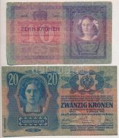 1904. 10K + 1913. 20K II. kiadás, piros "MAGYARORSZÁG" körbélyegzővel T:II-,III ragasztony...