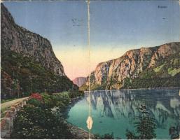 1917 Orsova, Kasanpartie / Cazane / Kazán-szoros. Hutterer G. kiadása. Kihajtható panorámalap / gorge, road. folding panoramacard (hajtásnál szakadt / torn at fold)