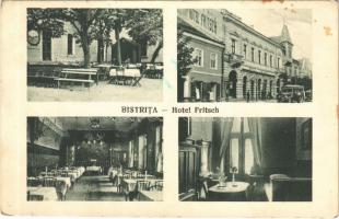 1940 Beszterce, Bistritz, Bistrita; Hotel Fritsch szálloda és étterem, autóbusz, kerthelyiség, étkező, szoba belső / hotel, restaurant, autobus, garden, dining room, interior (fl)