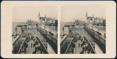 cca 1900 Antwerpen kikötője, sztereo vintage fotó feliratozva, 8,6x17,8 cm