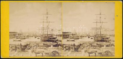 cca 1870 Trieszt kikötője, sztereo vintage fotó feliratozva (halványan, de olvashatóan), kartonra kasírozva, 8,6x17,4 cm