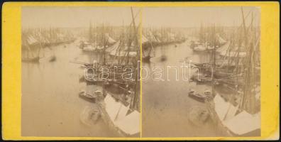 cca 1870 Genova kikötője, sztereo vintage fotó feliratozva, kartonra kasírozva, 8,6x17,4 cm