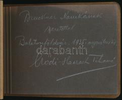 1935 Balatonföldvári csoportos nyaralás emlékei, fotóalbum 10 db fotóval, Erődi-Harrach Tihamér (1885-1947) országgyűlési képviselő ajándékozási soraival, 8,5×11 cm