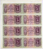1930. 100P 8db-os vágatlan MINTA ÍV, 1943. III. 17. dátummal, látható illesztőkerettel. A bankjegyek mind 007512 sorszámmal, de sorszámkövető sorozatszámokkal E 647 - E 654 T:I- kissé hullámos papír R! / Hungary 1930. 100 Pengő in a SPECIMEN SHEET of 8 with 1943. III. 17. date, with visible sheet edge frame. All banknotes with 007512 serial number, but with sequential series number E 647 - E 654 C:AU slightly wavy paper RARE!