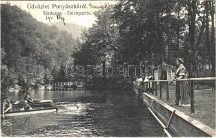 1911 Ponyászka, Poneasca (Bozovics, Bozovici); Tó részlet csónakázókkal. Weisz Félix kiadása / lake with rowing boats (EK)