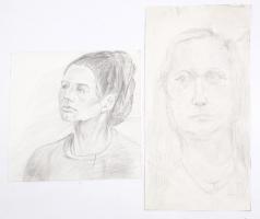 Pór jelzéssel, 2 db mű: Női portrék. Ceruza, papír, lap szélén kisebb szakadásokkal, 30x31 és 48x24,5 cm
