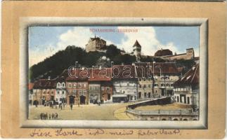 1913 Segesvár, Schässburg, Sighisoara; Fő tér, Evangélikus főgimnázium, E. Gutt, F. Lingner üzlete, Steinbrucher Bier Quelle sörcsarnok. Fritz Fabritius kiadása / main square, grammar school, beer hall, shops (fa)