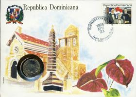 Dominikai Köztársaság 1984. 25c érmes, bélyeges boríték T:1