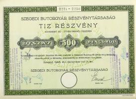 1926. Szegedi Bútorgyár Részvénytársaság részvénye 500 pengőről, szelvényekkel