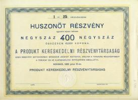 1922. Produkt Kereskedelmi Részvénytársaság részvénye 400 koronáról, szelvényekkel