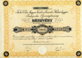 1925. Fuchs G. Első Magyar Tizedes és Százados Hidmérleggyár Budapesten Részvénytársaság részvénye 100 pengőről, szelvényekkel
