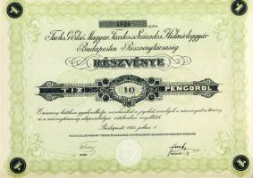 1925. Fuchs G. Első Magyar Tizedes és Százados Hidmérleggyár Budapesten Részvénytársaság részvénye 10 pengőről, szelvényekkel