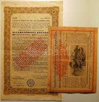 1924. Államadóssági kötvény 987 aranykoronáról + 1904. Erzsébet királyné Sanatorium Sorsjegykölcsöne 5K-ról