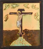 Morelli Edit (1940): Krisztus angyalokkal. Tűzzománc, rézlap. Jelzett. 26x22 cm Fa keretben.