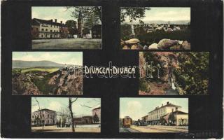 1912 Divaca, Divacca; multi-view postcard with railway station, locomotive, train (fl)