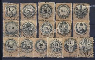1880 Okmánybélyeg sor 16 db klf krajcáros értéke stecklapon