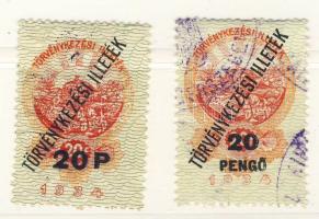 1945 Ferde felülnyomású, átértékelt törvénykezési illetékbélyegek 20P I. és II. típus