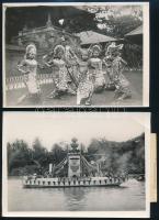 cca 1900 Sziám, 5 db vintage sajtófotó idegen nyelveken feliratozva - táncosok, temetés, szobrok, riska, hajó, 10,5x14,5 cm és 13x18 cm között