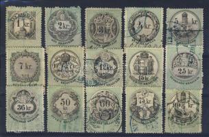 1868 Okmánybélyeg sor 15 db klf krajcáros értéke stecklapon