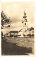 1935 Miava, Myjava; utca, Evangélikus templom / street view, Lutheran church. Foto J. Lukesle