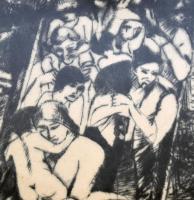 Derkovits Gyula (1894-1934): Hídnál (Újpesti hídfeljáró), 1927. Rézkarc, papír, jelzés nélkül. Üvege...