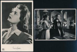 cca 1940 Karády Katalin (1910-1990) színésznőről készült 2 db vintage fotó, az egyik egy filmjelenetből, a másik fotólap a Magyar Filmiroda kiadásában, 8,4x11,1 cm és 13,8x8,6 cm