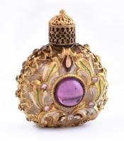 Antik parfüm tartó üvegcse. Festett réz borítással, színes üveg díszekkel. / Antique perfume holder. Copper net with glass ornaments 6 cm