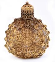 Antik parfüm tartó üvegcse. Festett réz borítással, színes üveg díszekkel. / Antique perfume holder....