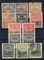 1922-26 Lakásügyi és Nyomozási díj illetékbélyegek 13 db, 6 klf, stecklapon