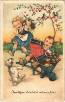 1950 Szívélyes üdvözlet névnapjára! / Name Day greeting art postcard, children with accordion and dog (EB)