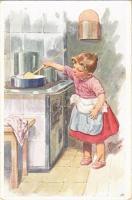 Children art postcard, girl cooking in the kitchen. B.K.W.I. 741-4. s: K. Feiertag