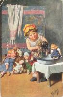 1920 Children art postcard, girl washing dolls. B.K.W.I. 160-5. s: K. Feiertag (EK)
