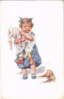Children art postcard, girl with headless doll. B.K.W.I. 690-5. s: K. Feiertag (kopott sarok / worn corner)