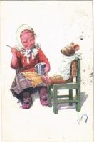 1920 Children art postcard, girl with teddy bear. B.K.W.I. 153/2. s: K. Feiertag (fl)