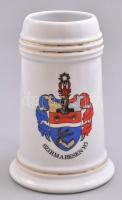 Hollóházi porcelán Szirmabesenyő címeres sörös korsó. Matricás, jelzett, hibátlan. 17,5 cm