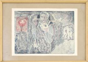 Józsa János (1936- ): Október. Színes rézkarc, papír. Jelzett. Lap szélén apró foltokkal. Üvegezett ...