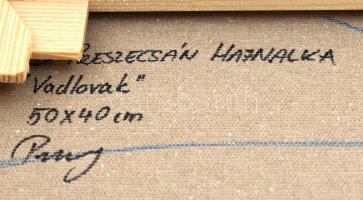 B. Preszecsán Hajnalka (1991-): Vadlovak. Olaj, vászon. Jelzett. Hátoldalán autográf felirattal. 50×...