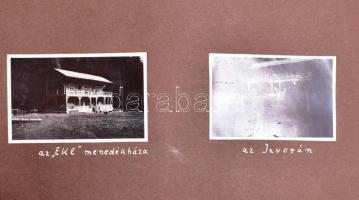 1932 Fotóalbum Máramarosból, Bódi-tó, Rozsály, erdőőrök, vadászház, menedékház, faúsztató, blidári nagy vízesés, stb., feliratozva, 4,5×8 cm-es fotókkal