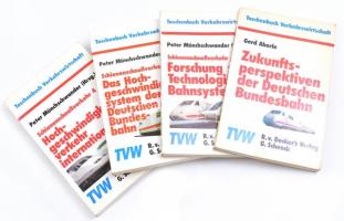 Taschenbuch Verkehrswirtschaft 4 kötete: Gerd Aberle: Zukunftsperpektiven der Deutschen Bundesbahn.; Peter Münchschwander (Hrsg.) Forschung und Technologie für Bahnsysteme. Schienenschnekkverkehr. 2.; Peter Münchschwander (Hrsg.): Das Hochgeschwindigkeitssystem der Deutschen Bundesbahn. Schienenschnekkverkehr 3.; Peter Münchschwander (Hrsg.): Hochgeschwindigkeitsverkehr international. Schienenschnekkverkehr 4. Hedeilberg, 1988-1990, R. v. Deckers Verlag - G. Schenk. Német nyelven. Kiadói papírkötések.