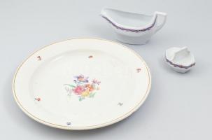 Gránit virágmintás porcelán naqyméretű tányér, matricás, jelzett, kis kopásokkal, d: 35 cm + porcelán sótartó és szószos kiöntő, matricás, kopásokkal, 6,5x9 cm, 12x20,5 cm