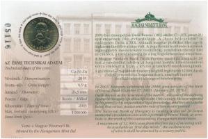 2003. 20Ft "Deák Ferenc" elsőnapi veret, számozott "05116" emléklapon T:1