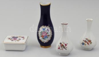 Hollóházi porcelán vázák 3 db + egy bonbonniere. Matricásak, jelzettek, kevés kopással, m:12-18 cm, 9x7 cm