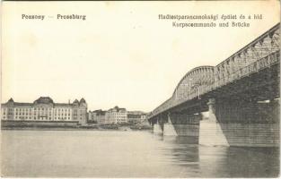 Pozsony, Pressburg, Bratislava; Hadtestparancsnoksági épület és a híd / Korpscommando und Brücke / Austro-Hungarian K.u.K. military, army headquarters, bridge (EK)