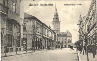 1914 Szabadka, Subotica; Kossuth utca, Takarékpénztár, üzletek. Heumann Mór kiadása / street view, savings bank, shops