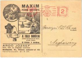 1934 Maxim petrol-gázlámpa a falu barátja. Ardó József főző-, fűtő- és világítási szaküzlet reklámja. Budapest VI. Vilmos császár út 43. / Hungarian petrol gas lamp advertisement