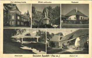 1943 Rum, Gróf Széchenyi kastély, Hősök szobra, emlékmű, Vadászlak, Rába részlet, híd, Intézői lak (EB)