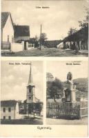 1930 Gyermely, utca, Római katolikus templom, Hősök szobra, emlékmű. Pfeifer Imre kiadása